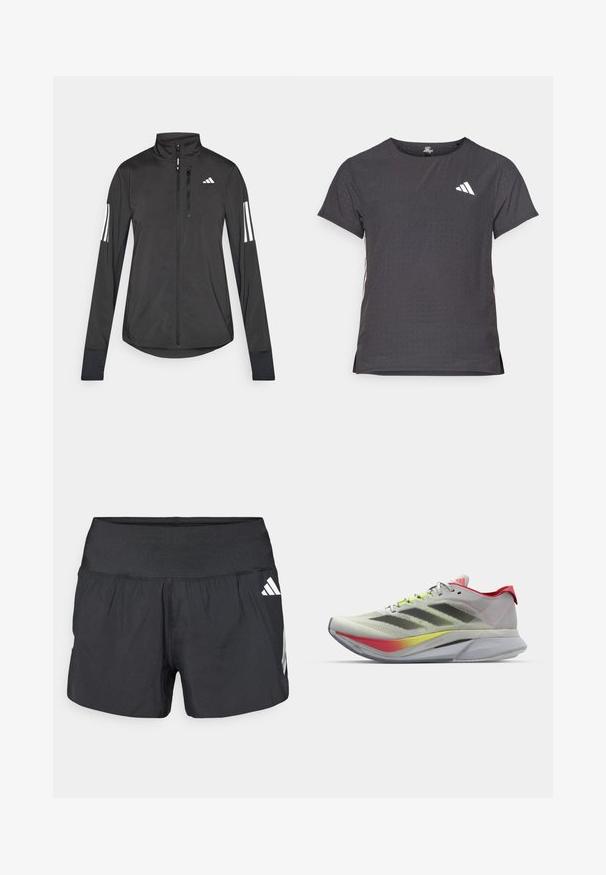 Schwarze Sportjacke aus leichtem Material. Mit einem Frontreißverschluss, hohem Kragen und drei weißen Streifen an jedem Ärmel.; Kurze Ärmel Sport-T-Shirt, dunkelgrau mit durchbrochener Textur. Enthält ein weißes Logo und kontrastierende Seitenstreifen. Runder Ausschnitt.; Schwarze Sportshorts mit einem breiten elastischen Bund, leichtem Stoff und weißen Logoakzenten an der unteren Seite.; Leichte Laufschuhe in Hellgrau mit roten Akzenten; verfügen über ein atmungsaktives Mesh-Obermaterial, schwarze Streifen und eine farbenfrohe verlaufende Sohle.