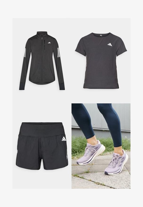 Black athletic jacket made of lightweight material. Features a front zipper, high collar, and three white stripes on each sleeve.; Short-sleeve athletic t-shirt, dark gray with perforated texture. Features a white logo and contrasting side stripes. Rounded neckline.; Black athletic shorts featuring a wide elastic waistband, lightweight fabric, and white logo accents on the lower side.; adidas Performance SUPERNOVA RISE W - Road running shoes - preloved fig/putty mauve/shadow violet