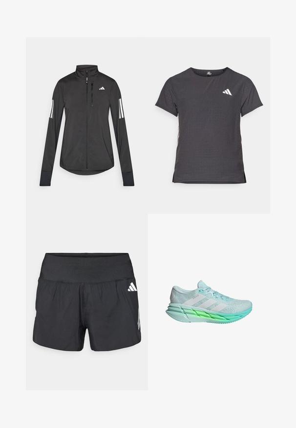 Black athletic jacket made of lightweight material. Features a front zipper, high collar, and three white stripes on each sleeve.; Short-sleeve athletic t-shirt, dark gray with perforated texture. Features a white logo and contrasting side stripes. Rounded neckline.; Black athletic shorts featuring a wide elastic waistband, lightweight fabric, and white logo accents on the lower side.; Light blue running shoe with a textured mesh upper, three white stripes, and a green-tinted sole. Features a padded collar and flat laces.