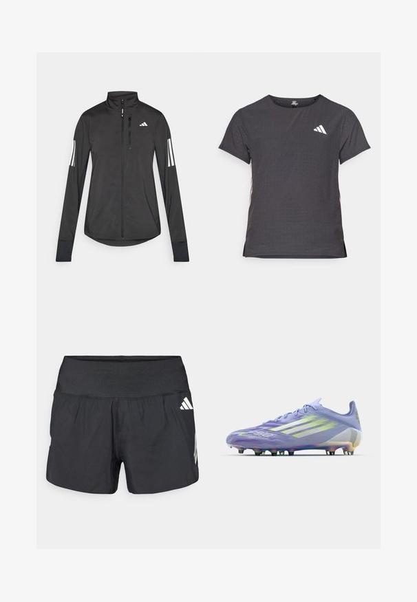 Zwarte sportjack gemaakt van lichtgewicht materiaal. Voorzien van een ritssluiting aan de voorkant, hoge kraag en drie witte strepen op elke mouw.; Korte mouwen sport t-shirt, donkergrijs met geperforeerde textuur. Bevat een wit logo en contrasterende zijstrepen. Ronde halslijn.; Zwarte sportshorts met een brede elastische tailleband, lichtgewicht stof en witte logo-accenten aan de onderkant zijkant.; Lichtpaarse voetbalschoen met iriserende accenten, gestructureerd patroon op de bovenkant, zes zwarte noppen en drie witte strepen aan de zijkant.