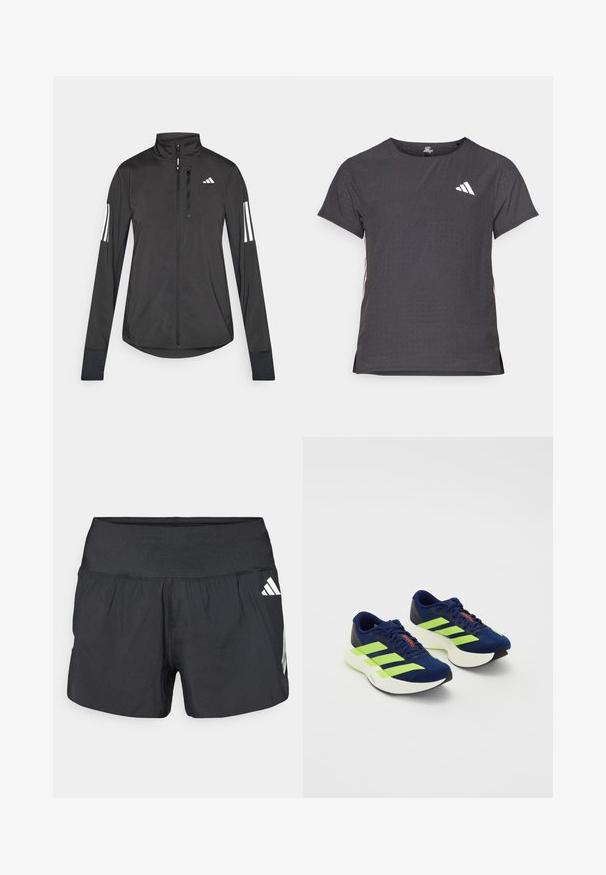 Czarna sportowa kurtka wykonana z lekkiego materiału. Posiada zamek błyskawiczny z przodu, wysoki kołnierz oraz trzy białe paski na każdym rękawie.; Koszulka sportowa z krótkim rękawem, ciemnoszara z perforowaną teksturą. Posiada białe logo oraz kontrastowe paski po bokach. Okrągły dekolt.; Czarne spodenki sportowe z szerokim elastycznym pasem, lekkim materiałem i białymi akcentami logo na dolnej stronie.; Granatowe buty do biegania z neonowozielonymi paskami, strukturalnym wierzchem, białą, amortyzującą podeszwą, wiązanym designem i czerwonym akcentem na języku.
