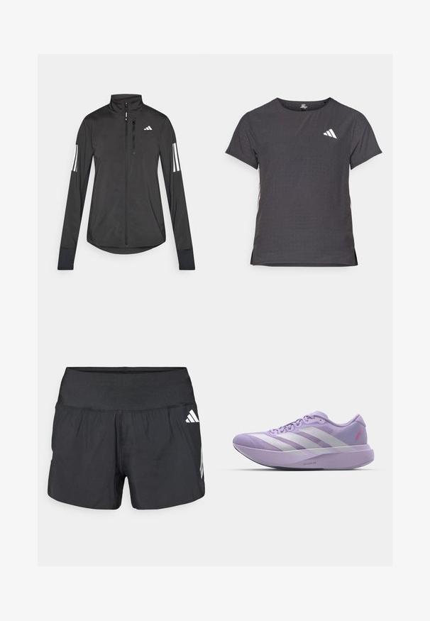 Giacchetto sportivo nero realizzato in materiale leggero. Presenta una chiusura frontale con zip, colletto alto e tre strisce bianche su ciascun manica.; T-shirt atletico a maniche corte, grigio scuro con texture perforata. Presenta un logo bianco e strisce laterali a contrasto. Girocollo.; Pantaloncini sportivi neri con una fascia elastica larga in vita, tessuto leggero e dettagli del logo bianco sul lato inferiore.; Scarpa da corsa lilla con tomaia in rete, design a tre strisce bianche, finitura testurizzata e una suola intermedia spessa etichettata "LIGHTSTRIKE PRO."