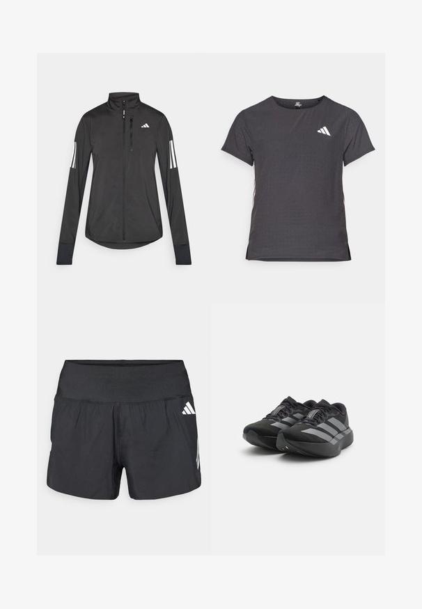 Veste de sport noire en matériau léger. Dotée d'une fermeture éclair sur le devant, d'un col haut et de trois rayures blanches sur chaque manche.; T-shirt de sport à manches courtes, gris foncé avec une texture perforée. Présente un logo blanc et des rayures latérales contrastantes. Encolure arrondie.; Shorts athlétiques noirs avec une large ceinture élastique, un tissu léger et des accents de logo blanc sur le bas côté.; Une paire de chaussures de course Adidas Adizero noires avec des rayures grises, des semelles épaisses et des lacets sur un fond blanc.