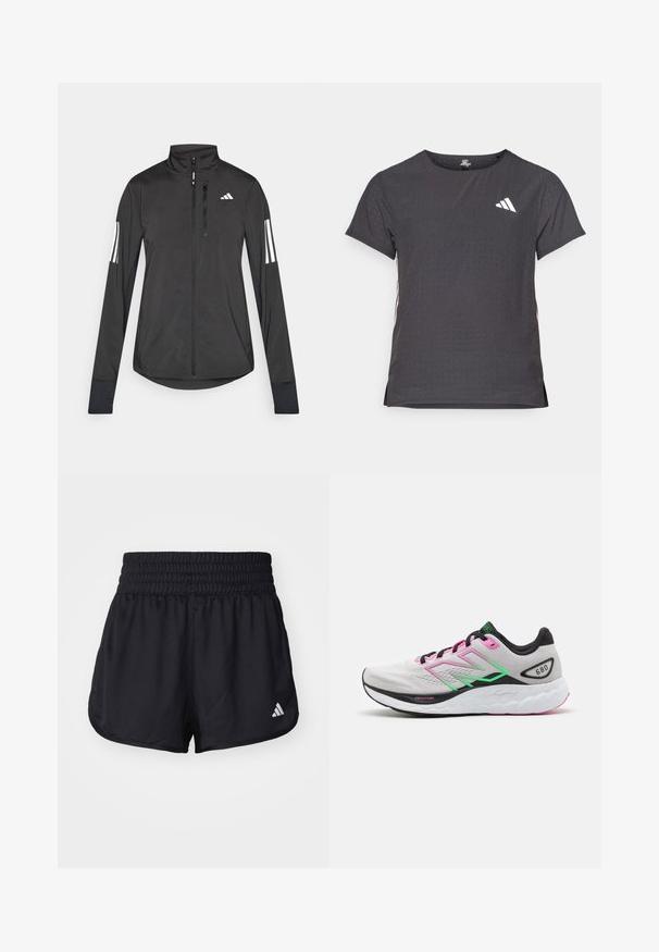 Fekete sportos dzseki könnyű anyagból. Elöl cipzárral, magas gallérral és minden ujjon három fehér csíkkal rendelkezik.; Rövid ujjú sport póló, sötétszürke perforált textúrával. Fehér logóval és kontrasztos oldalsávokkal rendelkezik. Kerek nyakkal.; Fekete sportnadrág, elasztikus, ráncolt derekkal és fehér logóval a jobb alsó oldalon. Simma, könnyű anyag.; Könnyű futócipő szürke felsőrésszel, rózsaszín és zöld kiegészítőkkel, valamint vastag, fehér talppal, amely texturált mintázattal rendelkezik, "Fresh Foam" felirattal.