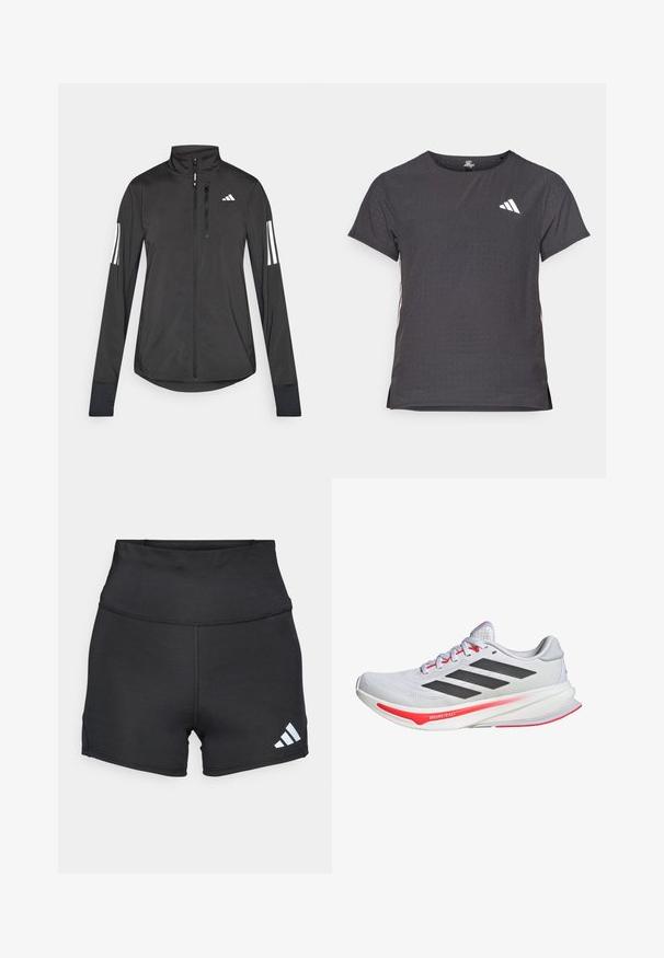 Fekete sportos dzseki könnyű anyagból. Elöl cipzárral, magas gallérral és minden ujjon három fehér csíkkal rendelkezik.; Rövid ujjú sport póló, sötétszürke perforált textúrával. Fehér logóval és kontrasztos oldalsávokkal rendelkezik. Kerek nyakkal.; adidas Performance Leggingek - black; Fehér sportcipő fekete részletekkel és piros díszítésekkel. Mesh felsőrésszel, párnázott bokával és texturált talppal rendelkezik, amely biztosítja a tapadást.