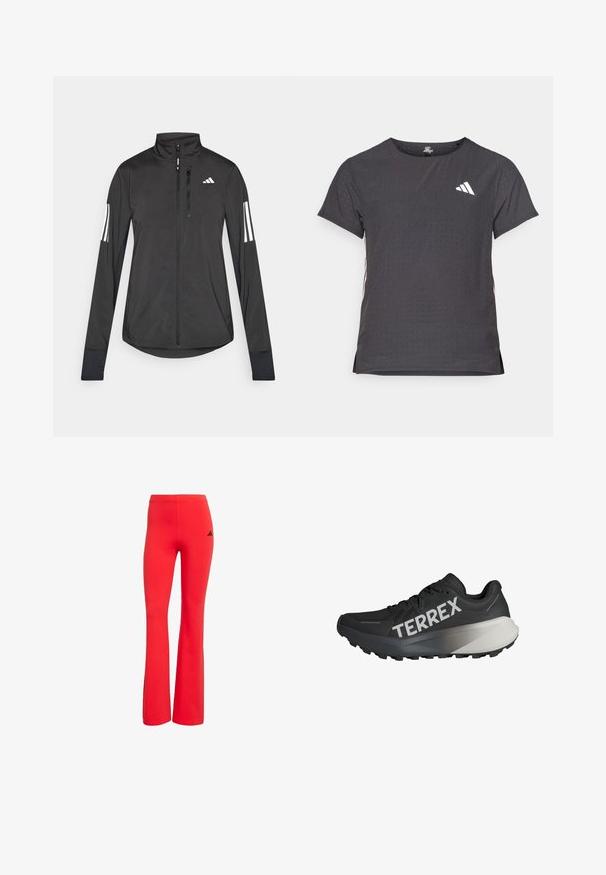Giacchetto sportivo nero realizzato in materiale leggero. Presenta una chiusura frontale con zip, colletto alto e tre strisce bianche su ciascun manica.; T-shirt atletico a maniche corte, grigio scuro con texture perforata. Presenta un logo bianco e strisce laterali a contrasto. Girocollo.; Leggings rossi svasati realizzati in tessuto elastico, con il logo Adidas nero sul retro e una superficie liscia con una silhouette aderente.; Scarpe da corsa nere con una parte superiore testurizzata, prominente logo "TERREX" in bianco, design del suola affusolato e un accento grigio sfumato sul tallone.