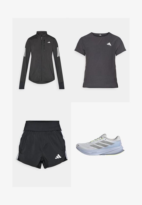 Must mustriga mustrin, millel on esiküljel lukuga, kõrge krae ja igal varrukal kolm valget triipu.; Lühikese varrukaga sportlik T-särk, tumehall, perforatsiooni tekstuuriga. Omab valget logo ja kontrastset külgtriipu. Ümar kaelus.; Mustad mustad lühikesed püksid, mis on valmistatud kergest materjalist, laia vöökoha, valgete külgtriipude ja väikese valge logoga alumises servas.; Kerge võrkkattega jooksujalonid valgetes toonides, hallide triipudega. Tallal on kerge kõverus ja erkoranžid aktsendid.