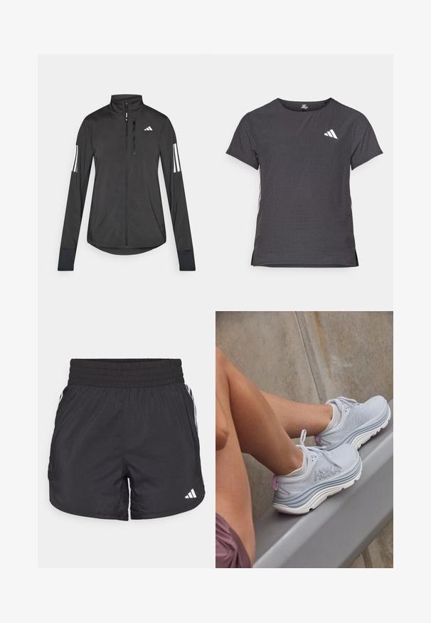 Black athletic jacket made of lightweight material. Features a front zipper, high collar, and three white stripes on each sleeve.; Short-sleeve athletic t-shirt, dark gray with perforated texture. Features a white logo and contrasting side stripes. Rounded neckline.; Black athletic shorts with an elastic waistband, side pockets, and white stripe accents on the sides. Made of lightweight material.; Light gray athletic shoes with textured upper, white sole, and purple accents. Displayed on a gray surface near a leg in neutral tone.