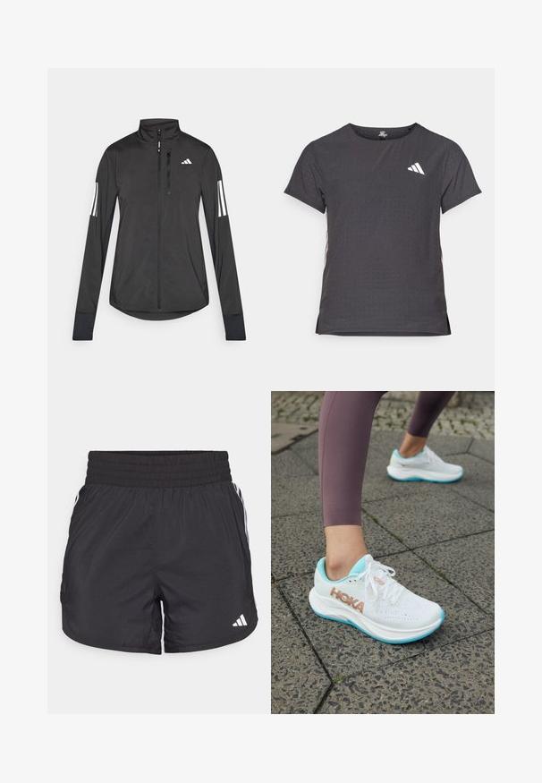 Juodas sportinis švarkas, pagamintas iš lengvos medžiagos. Yra priekinis užtrauktukas, aukšta apykaklė ir trys baltos juostos kiekviename rankovėje.; Trumpas rankovėmis sportinis marškinėlis, tamsiai pilkas, su perforuota tekstūra. Yra baltas logotipas ir kontrastingos šoninės juostos. Iškirptė suapvalinta.; Juodos sportinės šortai su elastingu juosmeniu, šoninėmis kišenėmis ir baltais juostelėmis šonuose. Pagaminti iš lengvos medžiagos.; HOKA RINCON 4 - Bėgimo batai plentui - frost/rose gold