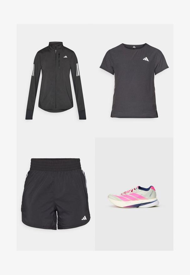 Schwarze Sportjacke aus leichtem Material. Mit einem Frontreißverschluss, hohem Kragen und drei weißen Streifen an jedem Ärmel.; Kurze Ärmel Sport-T-Shirt, dunkelgrau mit durchbrochener Textur. Enthält ein weißes Logo und kontrastierende Seitenstreifen. Runder Ausschnitt.; Schwarze Sportshorts mit elastischem Bund, seitlichen Taschen und weißen Streifenakzenten an den Seiten. Hergestellt aus leichtem Material.; Laufschuh mit einem leichten Mesh-Obermaterial in hellgrün mit rosa Streifen, lila Akzenten und einer dicken weißen Sohle, die mit "LIGHTSTRIKE PRO" beschriftet ist.