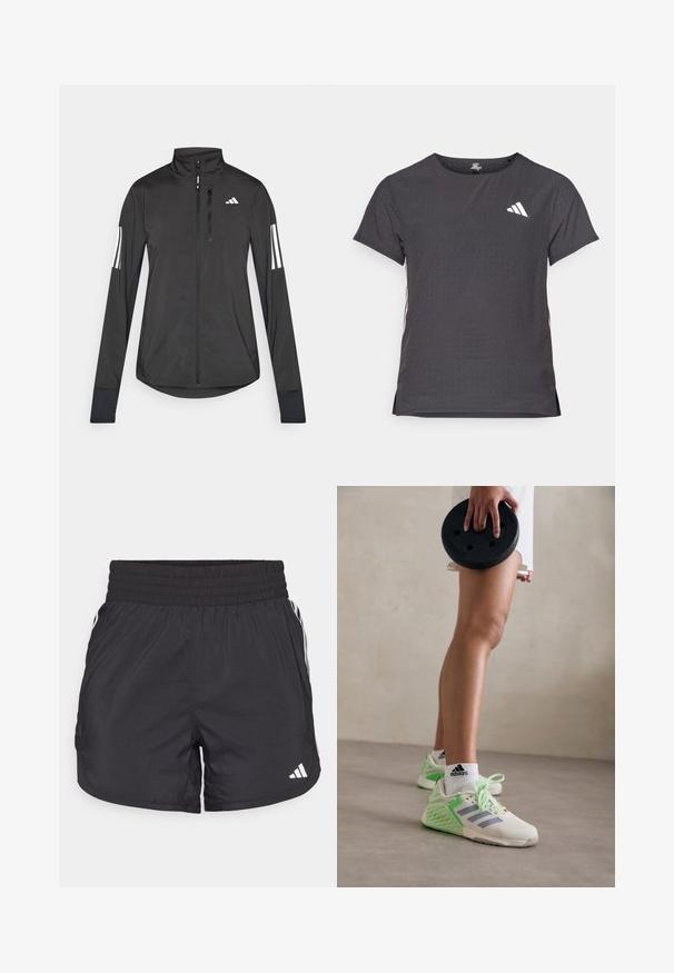 Fekete sportos dzseki könnyű anyagból. Elöl cipzárral, magas gallérral és minden ujjon három fehér csíkkal rendelkezik.; Rövid ujjú sport póló, sötétszürke perforált textúrával. Fehér logóval és kontrasztos oldalsávokkal rendelkezik. Kerek nyakkal.; Fekete sportnadrág elasztikus derékkal, oldalsó zsebekkel és fehér csíkkal az oldalán. Könnyű anyagból készült.; Könnyű sportcipők krémszínű és mentazöld színkombinációval, hálós felsőrésszel, textúrázott oldalrész részletezéssel és fűzővel a biztos illeszkedés érdekében.