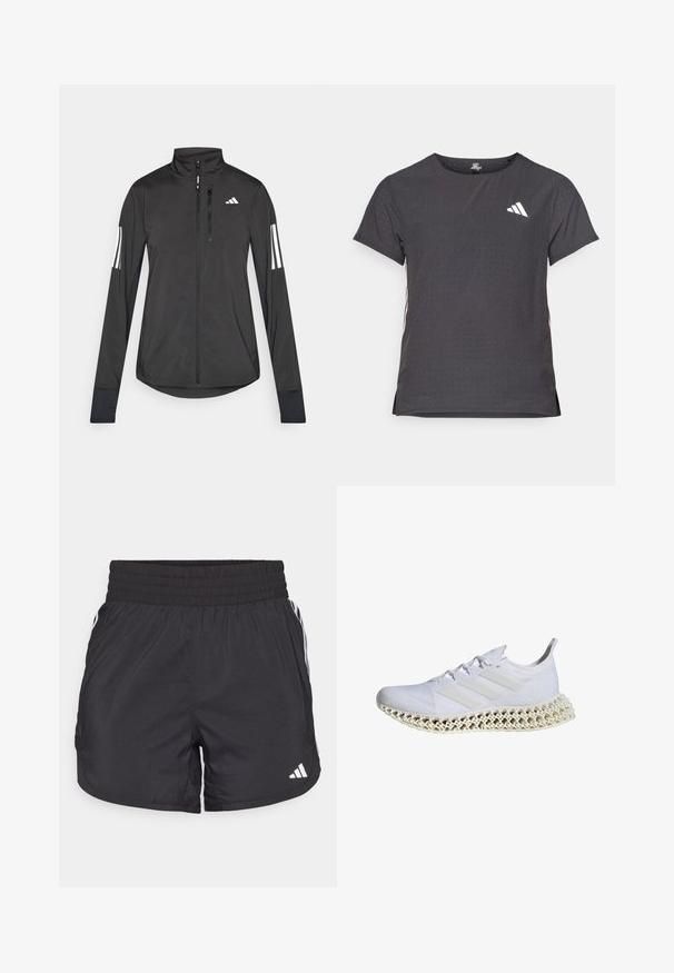 Black athletic jacket made of lightweight material. Features a front zipper, high collar, and three white stripes on each sleeve.; Short-sleeve athletic t-shirt, dark gray with perforated texture. Features a white logo and contrasting side stripes. Rounded neckline.; Black athletic shorts with an elastic waistband, side pockets, and white stripe accents on the sides. Made of lightweight material.; White athletic shoe with a textured, breathable mesh upper, featuring three white stripes and a distinctive lattice-style midsole.