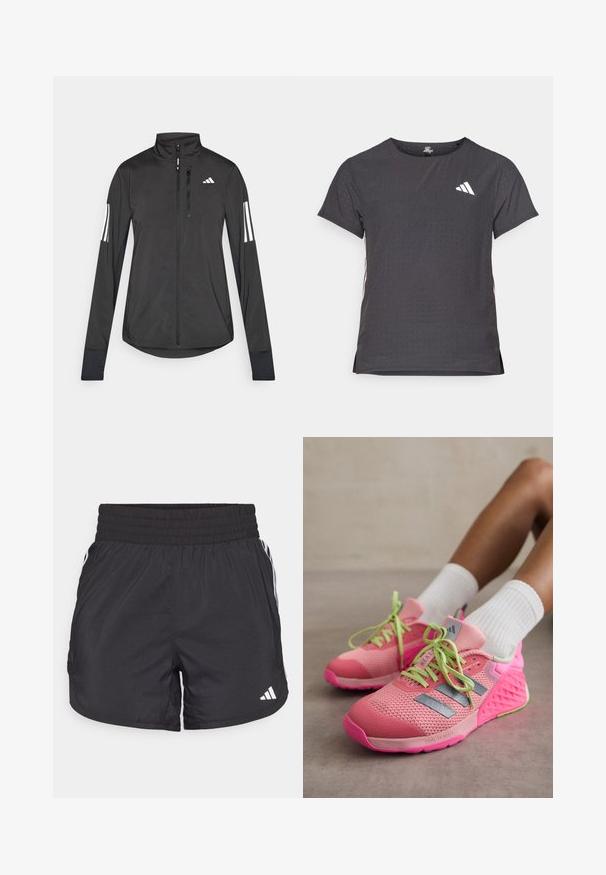 Musta urheilutakki, joka on valmistettu kevyestä materiaalista. Ominaisuuksiin kuuluu etuvetoketju, korkea kaulus ja kolme valkoista raitaa joka hihassa.; Lyhythihainen urheilupaita, tummanharmaa, jossa on reikäkudot. Ominaisuuksina valkoinen logo ja kontrastiväriset sivusuunnat. Pyöreä pääntie.; Mustat urheilushortsit, joissa on joustava vyötärö, sivutaskut ja valkoiset raidat sivuilla. Valmistettu kevyestä materiaalista.; adidas Performance DROPSET 3 - Treenikenkä - semi pink spark/iron metallic/silver dawn