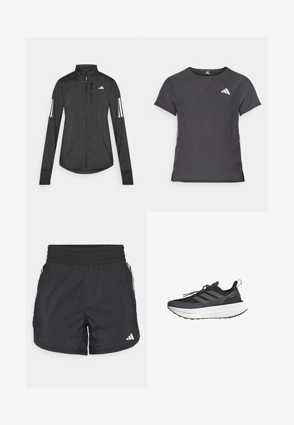 Černá atletická bunda vyrobená z lehkého materiálu. Má přední zip, vysoký límec a tři bílé pruhy na každém rukávu.; Kraťasový sportovní tričko, tmavě šedé barvy s perforovanou texturou. Obsahuje bílé logo a kontrastní boční pruhy. Kulatý výstřih.; Černé sportovní šortky s elastickým pasem, bočními kapsami a bílými pruhy po stranách. Vyrobené z lehkého materiálu.; Černá sportovní obuv s podšívkou z elastické síťoviny, třemi šedými pruhy, silnou bílou podrážkou a texturovanými detaily. Obsahuje poutko na patě.