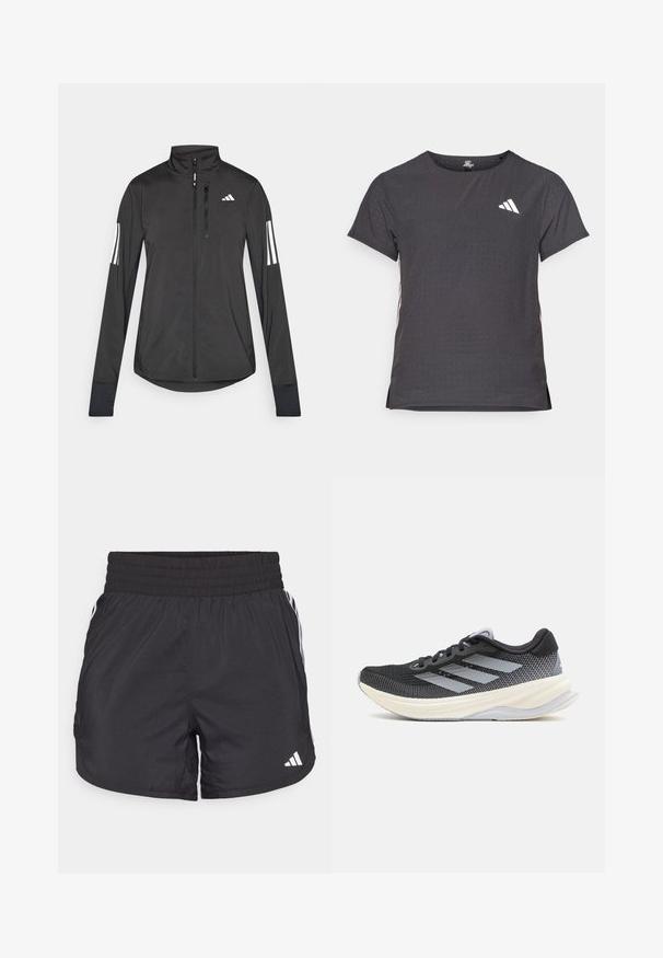Black athletic jacket made of lightweight material. Features a front zipper, high collar, and three white stripes on each sleeve.; Short-sleeve athletic t-shirt, dark gray with perforated texture. Features a white logo and contrasting side stripes. Rounded neckline.; Black athletic shorts with an elastic waistband, side pockets, and white stripe accents on the sides. Made of lightweight material.; adidas Performance SUPERNOVA SOLUTION - Road running shoes - core black/halo silver/dash grey