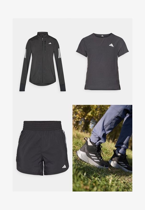 Črna športna jakna iz lahkega materiala. Ima sprednji zadrgo, visok ovratnik in tri bele črte na vsaki rokavi.; Kratka športna majica s kratkimi rokavi, temno siva z perforirano teksturo. Ima bel logotip in kontrastne stranske črte. Okrogel ovratnik.; Črne atletske kratke hlače z elastičnim pasom, stranskimi žepi in belimi črtami na straneh. Narejene iz lahkega materiala.; Črne in sivo pohodne čevlje z teksturirano zgornjimi deli, oblazinjenim podplatom in tremi srebrnimi črtami. Namenjeni so zunanjim aktivnostim.