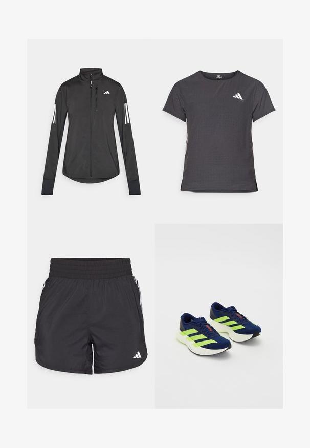 Black athletic jacket made of lightweight material. Features a front zipper, high collar, and three white stripes on each sleeve.; Short-sleeve athletic t-shirt, dark gray with perforated texture. Features a white logo and contrasting side stripes. Rounded neckline.; Black athletic shorts with an elastic waistband, side pockets, and white stripe accents on the sides. Made of lightweight material.; Navy blue running shoes with neon green stripes, textured upper, cushioned white sole, lace-up design, and red accent on the tongue.