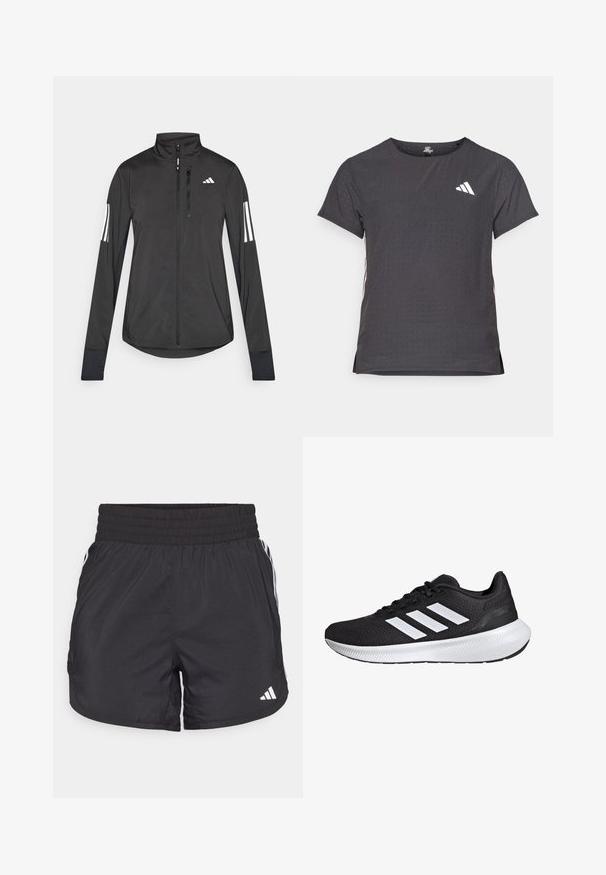 Czarna sportowa kurtka wykonana z lekkiego materiału. Posiada zamek błyskawiczny z przodu, wysoki kołnierz oraz trzy białe paski na każdym rękawie.; Koszulka sportowa z krótkim rękawem, ciemnoszara z perforowaną teksturą. Posiada białe logo oraz kontrastowe paski po bokach. Okrągły dekolt.; Czarne spodenki sportowe z elastycznym paskiem w talii, bocznymi kieszeniami oraz białymi akcentami wzdłuż boków. Wykonane z lekkiego materiału.; Czarny sportowy but z siateczkową cholewką i białym wzorem w trzy paski. Posiada amortyzowaną podeszwę oraz teksturowaną gumową podeszwę zewnętrzną dla lepszej przyczepności.