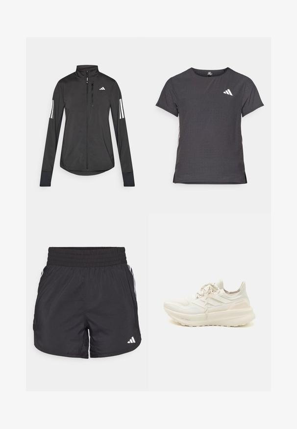 Veste de sport noire en matériau léger. Dotée d'une fermeture éclair sur le devant, d'un col haut et de trois rayures blanches sur chaque manche.; T-shirt de sport à manches courtes, gris foncé avec une texture perforée. Présente un logo blanc et des rayures latérales contrastantes. Encolure arrondie.; Shorts de sport noirs avec une taille élastique, des poches latérales et des accents de rayures blanches sur les côtés. Fabriqués en matériau léger.; Baskets de sport blanches avec une tige texturée, un design à trois bandes, un léger rembourrage et un accent de talon bicolore. Technologie de semelle légère.