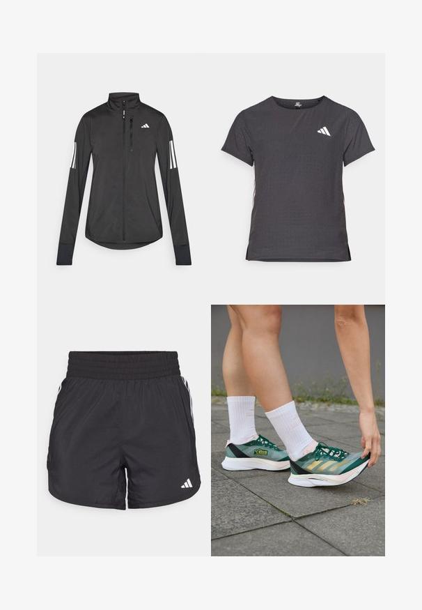 Černá atletická bunda vyrobená z lehkého materiálu. Má přední zip, vysoký límec a tři bílé pruhy na každém rukávu.; Kraťasový sportovní tričko, tmavě šedé barvy s perforovanou texturou. Obsahuje bílé logo a kontrastní boční pruhy. Kulatý výstřih.; Černé sportovní šortky s elastickým pasem, bočními kapsami a bílými pruhy po stranách. Vyrobené z lehkého materiálu.; adidas Performance ADIZERO BOSTON 12 - Silniční běžecké boty - collegiate green/matte gold/sandy pink