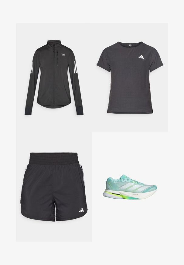 Giacchetto sportivo nero realizzato in materiale leggero. Presenta una chiusura frontale con zip, colletto alto e tre strisce bianche su ciascun manica.; T-shirt atletico a maniche corte, grigio scuro con texture perforata. Presenta un logo bianco e strisce laterali a contrasto. Girocollo.; Pantaloni sportivi neri con elastico in vita, tasche laterali e strisce bianche ai lati. Realizzati in materiale leggero.; Scarpa da corsa leggera in verde menta e bianco, con tomaia in rete e suola flessibile. Presenta tre strisce e un controheel testurizzato.