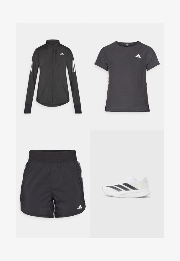 Veste de sport noire en matériau léger. Dotée d'une fermeture éclair sur le devant, d'un col haut et de trois rayures blanches sur chaque manche.; T-shirt de sport à manches courtes, gris foncé avec une texture perforée. Présente un logo blanc et des rayures latérales contrastantes. Encolure arrondie.; Shorts de sport noirs avec une taille élastique, des poches latérales et des accents de rayures blanches sur les côtés. Fabriqués en matériau léger.; Chaussure de sport blanche avec des rayures noires en diagonale, tige en maille, bout arrondi et semelle texturée. Les accents comprennent un talon argenté et un design minimaliste.