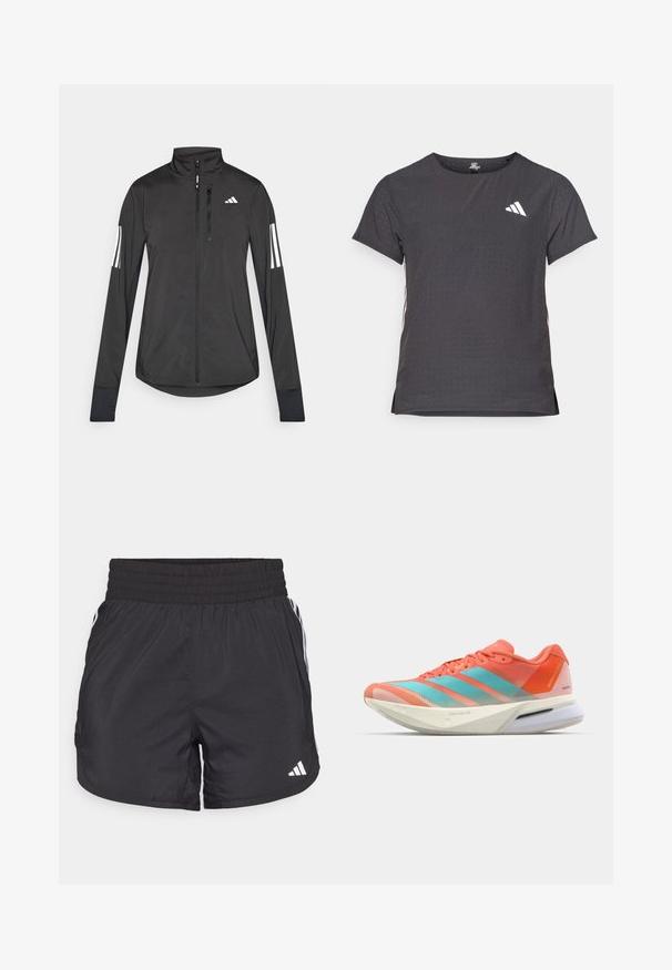Fekete sportos dzseki könnyű anyagból. Elöl cipzárral, magas gallérral és minden ujjon három fehér csíkkal rendelkezik.; Rövid ujjú sport póló, sötétszürke perforált textúrával. Fehér logóval és kontrasztos oldalsávokkal rendelkezik. Kerek nyakkal.; Fekete sportnadrág elasztikus derékkal, oldalsó zsebekkel és fehér csíkkal az oldalán. Könnyű anyagból készült.; Futócipő lélegző hálós felsőrésszel korall és aqua színben, három csíkkal, párnázott talppal és stílusos kialakítással.