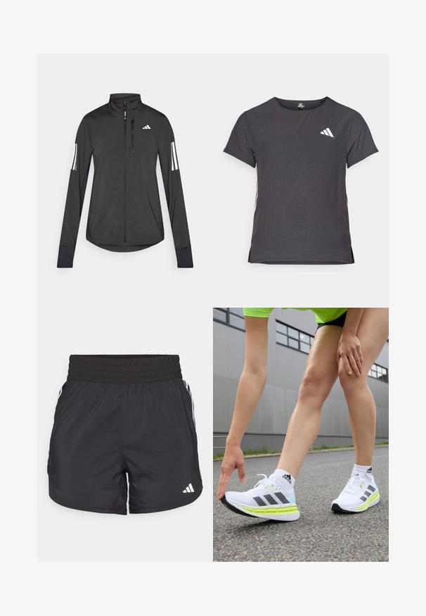 Black athletic jacket made of lightweight material. Features a front zipper, high collar, and three white stripes on each sleeve.; Short-sleeve athletic t-shirt, dark gray with perforated texture. Features a white logo and contrasting side stripes. Rounded neckline.; Black athletic shorts with an elastic waistband, side pockets, and white stripe accents on the sides. Made of lightweight material.; adidas Performance ADISTAR 3 - Road running shoes - footwear white/core black/pulse lime