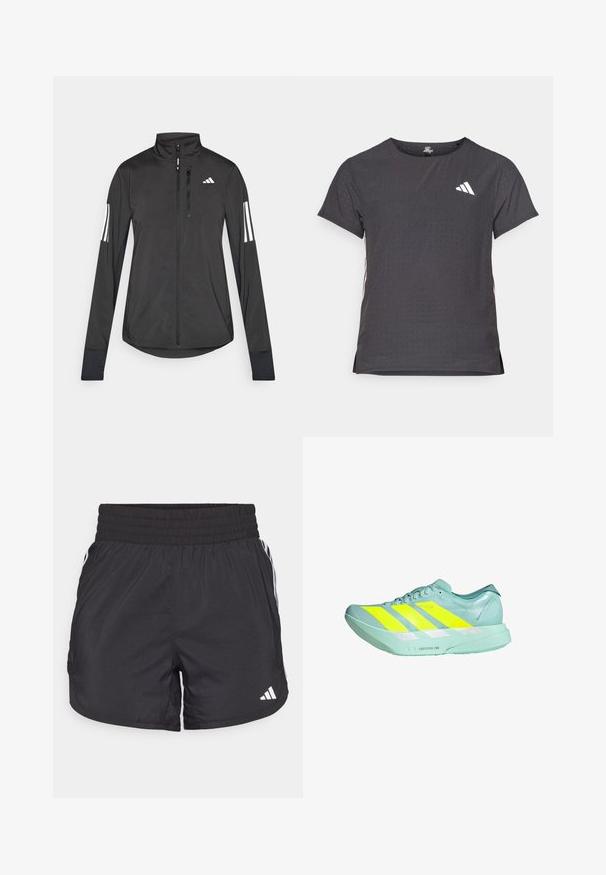 Veste de sport noire en matériau léger. Dotée d'une fermeture éclair sur le devant, d'un col haut et de trois rayures blanches sur chaque manche.; T-shirt de sport à manches courtes, gris foncé avec une texture perforée. Présente un logo blanc et des rayures latérales contrastantes. Encolure arrondie.; Shorts de sport noirs avec une taille élastique, des poches latérales et des accents de rayures blanches sur les côtés. Fabriqués en matériau léger.; Chaussure de course légère en vert menthe avec trois rayures jaunes audacieuses. Présente une texture lisse, des accents réfléchissants et une semelle rembourrée.