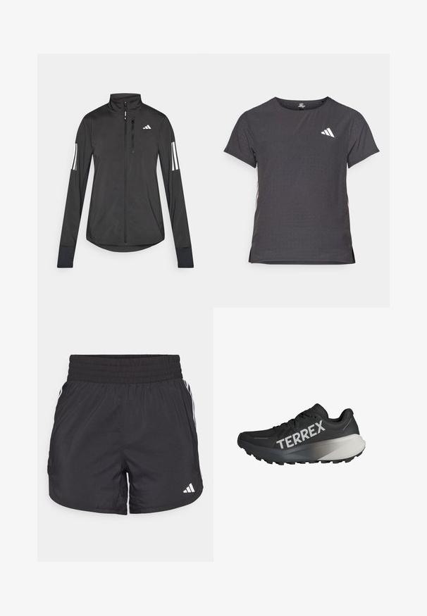 Black athletic jacket made of lightweight material. Features a front zipper, high collar, and three white stripes on each sleeve.; Short-sleeve athletic t-shirt, dark gray with perforated texture. Features a white logo and contrasting side stripes. Rounded neckline.; Black athletic shorts with an elastic waistband, side pockets, and white stripe accents on the sides. Made of lightweight material.; Black running shoe with a textured upper, prominent "TERREX" logo in white, tapered sole design, and a gradient gray accent on the heel.