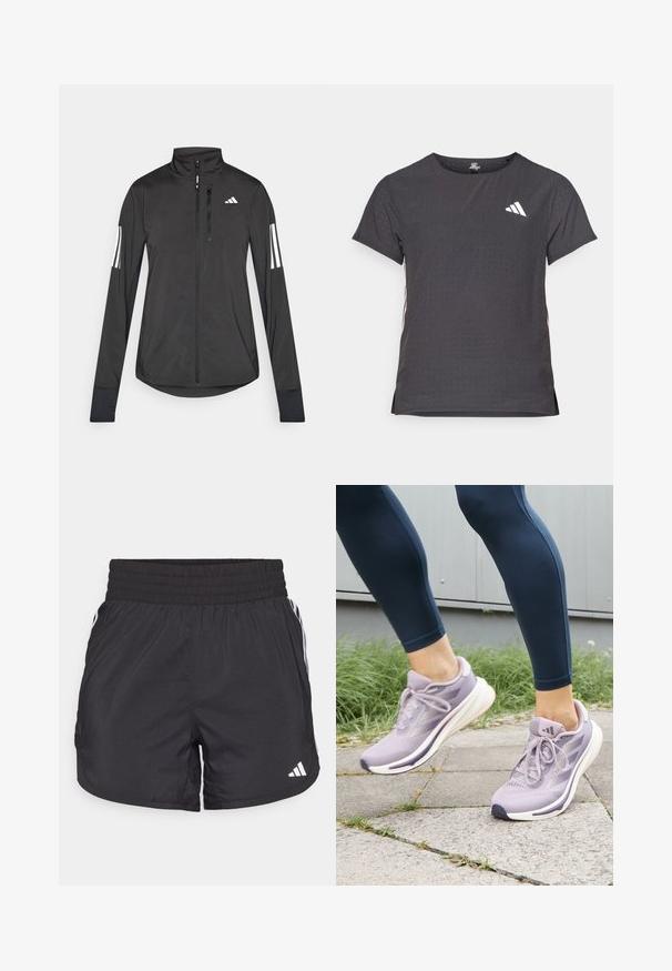 Schwarze Sportjacke aus leichtem Material. Mit einem Frontreißverschluss, hohem Kragen und drei weißen Streifen an jedem Ärmel.; Kurze Ärmel Sport-T-Shirt, dunkelgrau mit durchbrochener Textur. Enthält ein weißes Logo und kontrastierende Seitenstreifen. Runder Ausschnitt.; Schwarze Sportshorts mit elastischem Bund, seitlichen Taschen und weißen Streifenakzenten an den Seiten. Hergestellt aus leichtem Material.; adidas Performance SUPERNOVA RISE W - Laufschuh Straße - preloved fig/putty mauve/shadow violet