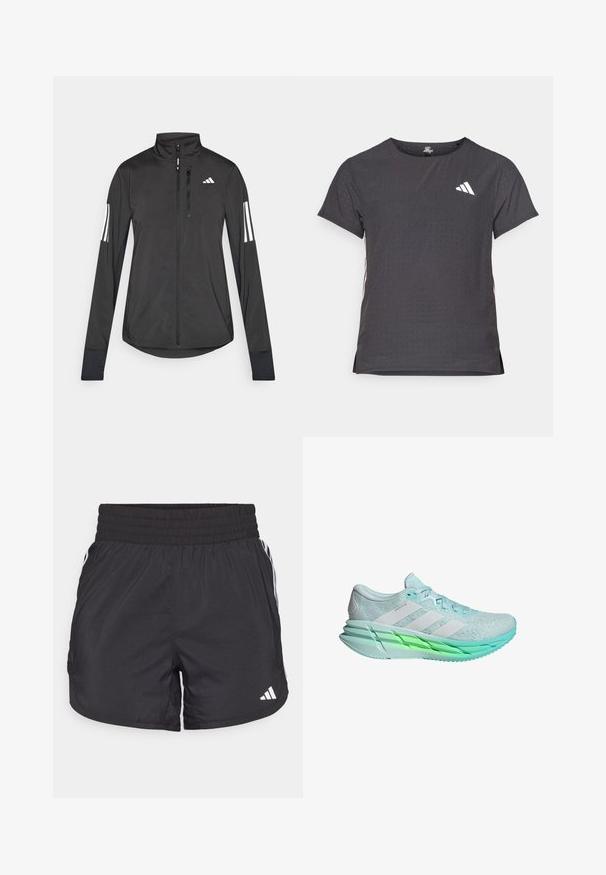 Must mustriga mustrin, millel on esiküljel lukuga, kõrge krae ja igal varrukal kolm valget triipu.; Lühikese varrukaga sportlik T-särk, tumehall, perforatsiooni tekstuuriga. Omab valget logo ja kontrastset külgtriipu. Ümar kaelus.; Mustad mustriga mustad sportlikud lühikesed püksid elastse värviga, küljetaskud ja valged triibud külgedel. Valmistatud kerge materjali sisu.; Heledad sinine jooksukingi, millel on tekstureeritud võrkkate, kolm valget triipu ja rohelise varjundiga tald. Omab pehmendatud kaela ja lapikut nööri.