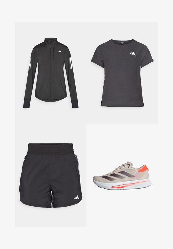 Schwarze Sportjacke aus leichtem Material. Mit einem Frontreißverschluss, hohem Kragen und drei weißen Streifen an jedem Ärmel.; Kurze Ärmel Sport-T-Shirt, dunkelgrau mit durchbrochener Textur. Enthält ein weißes Logo und kontrastierende Seitenstreifen. Runder Ausschnitt.; Schwarze Sportshorts mit elastischem Bund, seitlichen Taschen und weißen Streifenakzenten an den Seiten. Hergestellt aus leichtem Material.; Beige Laufschuh mit einem Obermaterial aus Mesh, dunkelbraunen Streifen und leuchtenden Akzenten in Orange und Grün. Verfügt über eine weiße, gepolsterte Sohle.
