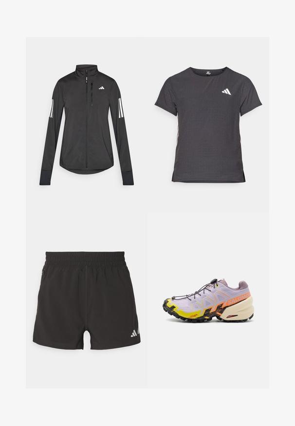 Giacchetto sportivo nero realizzato in materiale leggero. Presenta una chiusura frontale con zip, colletto alto e tre strisce bianche su ciascun manica.; T-shirt atletico a maniche corte, grigio scuro con texture perforata. Presenta un logo bianco e strisce laterali a contrasto. Girocollo.; Shorts atletici neri realizzati in tessuto leggero. Presentano una vita elasticizzata, una tasca con zip laterale e un logo riflettente sull'orlo.; Salomon SPEEDCROSS 6 - Scarpe da trail running - orchid petal/black/sulphur spring