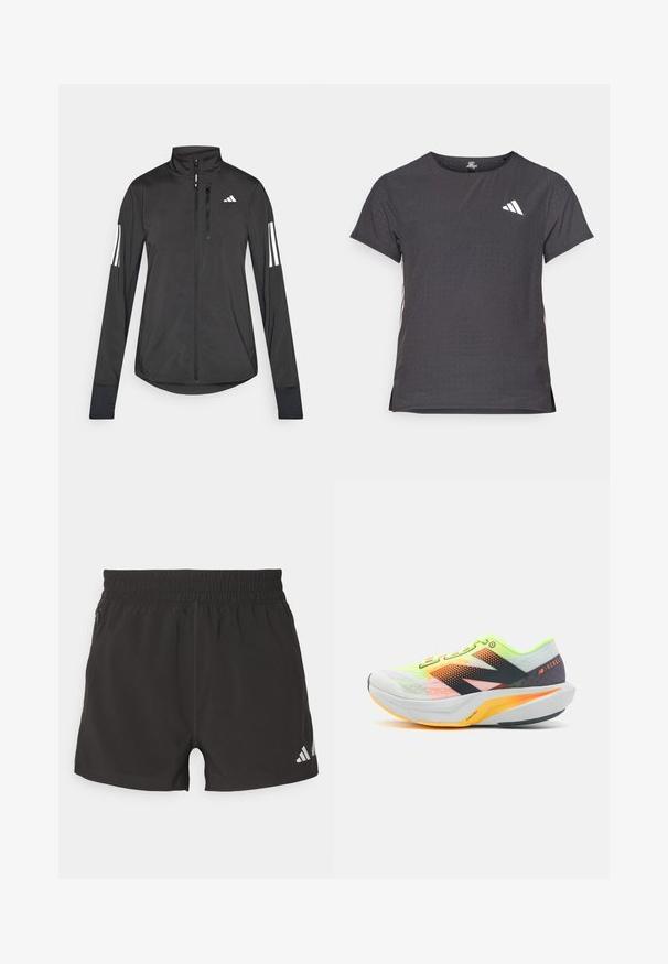 Musta urheilutakki, joka on valmistettu kevyestä materiaalista. Ominaisuuksiin kuuluu etuvetoketju, korkea kaulus ja kolme valkoista raitaa joka hihassa.; Lyhythihainen urheilupaita, tummanharmaa, jossa on reikäkudot. Ominaisuuksina valkoinen logo ja kontrastiväriset sivusuunnat. Pyöreä pääntie.; Mustat urheilushortsit, jotka on valmistettu kevyestä materiaalista. Niissä on joustava vyötärönauha, sivutasku vetoketjulla ja heijastava logo hemmassa.; New Balance FUELCELL REBEL V4 - Katujuoksukengät - white