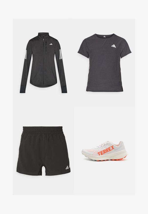 Fekete sportos dzseki könnyű anyagból. Elöl cipzárral, magas gallérral és minden ujjon három fehér csíkkal rendelkezik.; Rövid ujjú sport póló, sötétszürke perforált textúrával. Fehér logóval és kontrasztos oldalsávokkal rendelkezik. Kerek nyakkal.; Fekete sportnadrág, könnyű anyagból készült. Rugalmas derékrésszel, oldalsó cipzáros zsebbel és fényvisszaverő logóval rendelkezik az alján.; Fehér futócipő narancssárga "TERREX" felirattal; hálós felsőrész, párnázott boka és texturált talp narancssárga részletekkel. Könnyű kivitel.