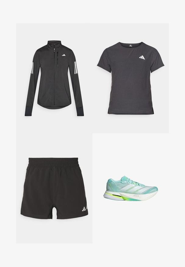 Czarna sportowa kurtka wykonana z lekkiego materiału. Posiada zamek błyskawiczny z przodu, wysoki kołnierz oraz trzy białe paski na każdym rękawie.; Koszulka sportowa z krótkim rękawem, ciemnoszara z perforowaną teksturą. Posiada białe logo oraz kontrastowe paski po bokach. Okrągły dekolt.; Czarne sportowe szorty wykonane z lekkiego materiału. Posiadają elastyczny pasek w talii, boczną kieszeń na zamek błyskawiczny oraz odblaskowe logo na dolnym brzegu.; Lekkie buty biegowe w miętowym zielonym i białym kolorze, z siateczkową cholewką i elastyczną podeszwą. Posiadają trzy paski i teksturowany zapiętek.