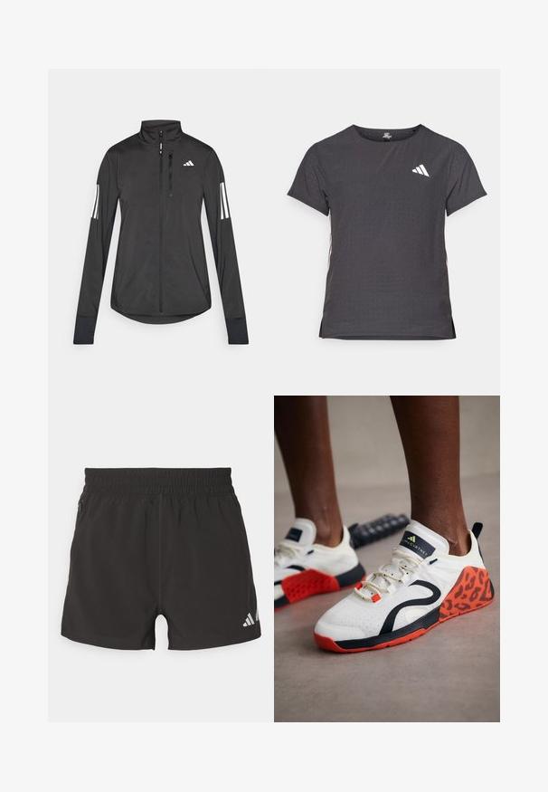Črna športna jakna iz lahkega materiala. Ima sprednji zadrgo, visok ovratnik in tri bele črte na vsaki rokavi.; Kratka športna majica s kratkimi rokavi, temno siva z perforirano teksturo. Ima bel logotip in kontrastne stranske črte. Okrogel ovratnik.; Črne atletske kratke hlače iz lahkega materiala. Imajo elastičen pas, stranski žep na zadrgo in odsevni logotip na konici.; Bele športne čevlje v belih tonih s črno-oranžnim leopardjim vzorcem. Imajo teksturirano zgornje platno, gumijast podplat in sistem vezalk.