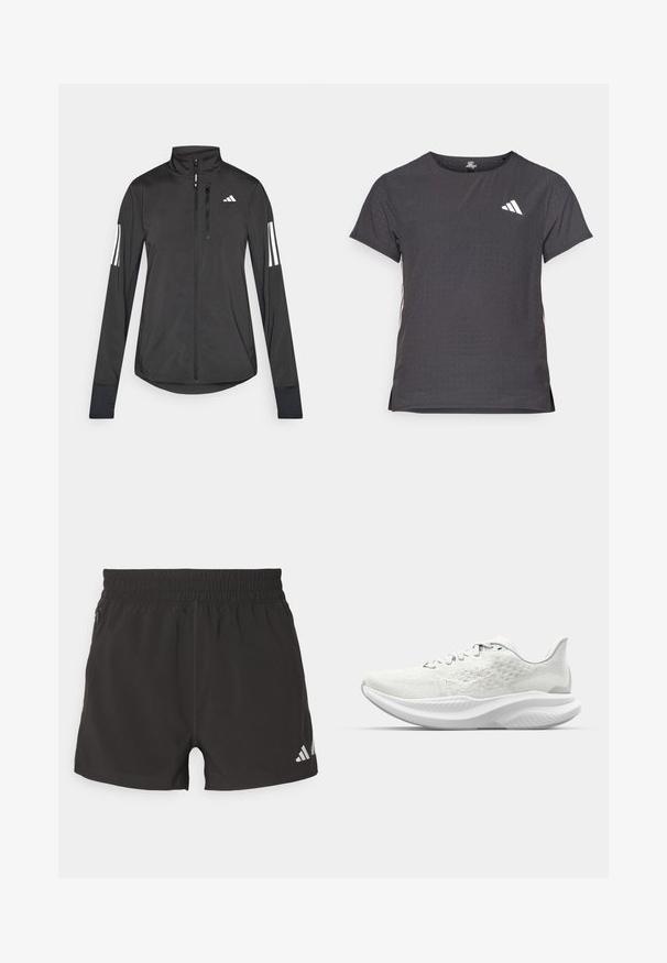 Čierna športová bunda vyrobená z ľahkého materiálu. Má zips vpredu, vysoký golier a tri biele pruhy na každom rukáve.; Tričko s krátkym rukávom pre šport, tmavosivé s perforovanou textúrou. Obsahuje biele logo a kontrastné bočné pruhy. Okrúhly výstrih.; Čierne športové šortky vyrobené z ľahkého materiálu. Majú elastický pás, bočnú zipsovú kapsu a reflexné logo na dolnom okraji.; Biele športové topánky s textúrovaným zvrškom, šnurovací dizajn a polstrovaná podrážka s vlnovým profilom. Na boku jemné označenie značky.