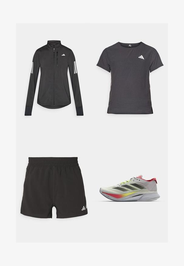 Black athletic jacket made of lightweight material. Features a front zipper, high collar, and three white stripes on each sleeve.; Short-sleeve athletic t-shirt, dark gray with perforated texture. Features a white logo and contrasting side stripes. Rounded neckline.; Black athletic shorts made of lightweight fabric. Features an elastic waistband, side zipper pocket, and a reflective logo on the hem.; Lightweight running shoes in light gray with a red accent; features a breathable mesh upper, black stripes, and a colorful gradient sole.