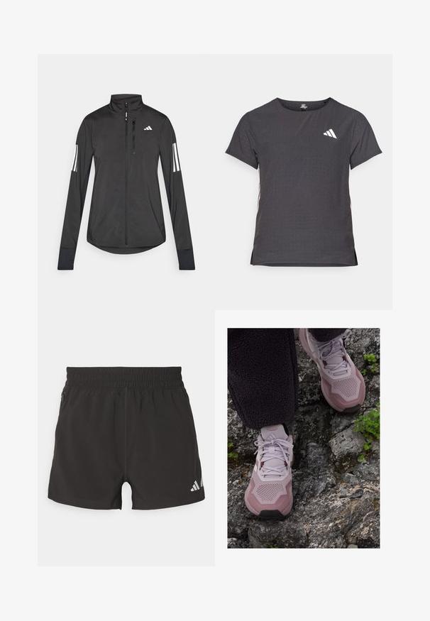 Svart treningsjakke laget av lett materiale. Har glidelås foran, høy krage og tre hvite striper på hver erme.; Kortermet treningstrøye, mørkegrå med perforert tekstur. Har en hvit logo og kontrasterende side-striper. Rund halslinje.; Svart treningshorts laget av lett materiale. Har elastisk midje, sidelomme med glidelås og et reflekterende logo på kanten.; Lyslilla joggesko med teksturert mesh-overdel, forsterket tå og gummi yttersåle, plassert på steinete terreng med grønne detaljer.