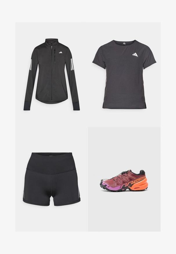 Fekete sportos dzseki könnyű anyagból. Elöl cipzárral, magas gallérral és minden ujjon három fehér csíkkal rendelkezik.; Rövid ujjú sport póló, sötétszürke perforált textúrával. Fehér logóval és kontrasztos oldalsávokkal rendelkezik. Kerek nyakkal.; Fekete sportos rövidnadrág magas derékrésszel, rugalmas anyagból. Fehér oldalsávokkal és lapos varrásokkal a kényelem érdekében.; Futócipő, amely bordó, lila és fekete dizájnnal rendelkezik, texturált felsőrésszel és szembetűnő narancssárga részletekkel a sarokon.