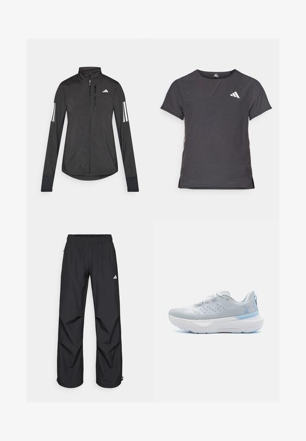 Black athletic jacket made of lightweight material. Features a front zipper, high collar, and three white stripes on each sleeve.; Short-sleeve athletic t-shirt, dark gray with perforated texture. Features a white logo and contrasting side stripes. Rounded neckline.; Black, lightweight, waterproof pants with an elastic waistband, side pockets, and adjustable cuffs. Features a white logo on the left thigh.; Under Armour INFINITE PRO - Road running shoes - distant gray/halo gray/nimbus blue