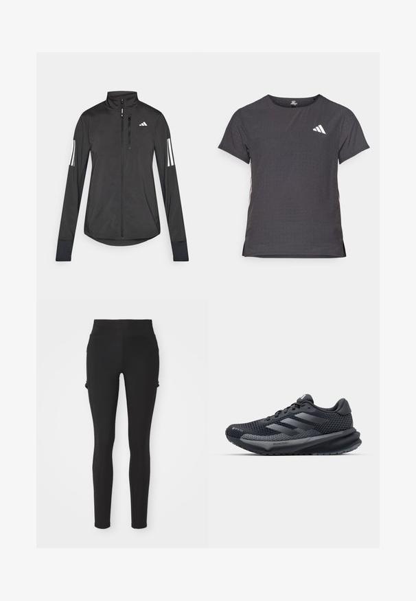 Veste de sport noire en matériau léger. Dotée d'une fermeture éclair sur le devant, d'un col haut et de trois rayures blanches sur chaque manche.; T-shirt de sport à manches courtes, gris foncé avec une texture perforée. Présente un logo blanc et des rayures latérales contrastantes. Encolure arrondie.; Leggings noirs à taille haute, fabriqués en matière extensible. Présentent une texture lisse et des poches latérales pour plus de fonctionnalité.; Chaussure de sport noire avec une tige en mesh texturé, des accents réfléchissants, une semelle rembourrée et un design épuré. Présente le logo à trois bandes.