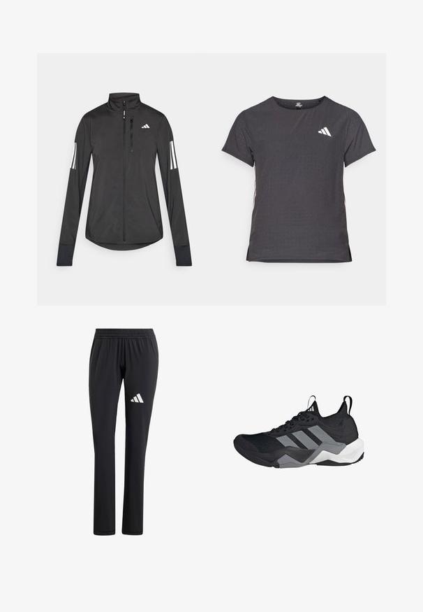 Czarna sportowa kurtka wykonana z lekkiego materiału. Posiada zamek błyskawiczny z przodu, wysoki kołnierz oraz trzy białe paski na każdym rękawie.; Koszulka sportowa z krótkim rękawem, ciemnoszara z perforowaną teksturą. Posiada białe logo oraz kontrastowe paski po bokach. Okrągły dekolt.; Czarne sportowe spodnie z elastycznym paskiem, prostym krojem, gładką teksturą i białym logo Adidas na lewym udzie.; Czarny but sportowy z oddychającą siateczką, szarymi akcentami, teksturowaną podeszwą i trzema charakterystycznymi paskami po boku.