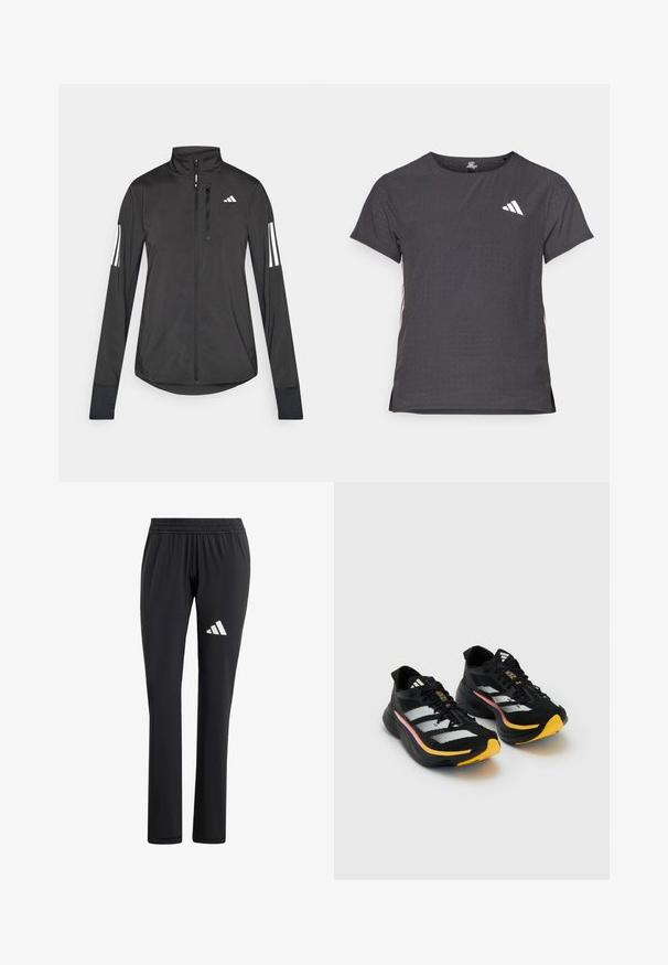 Veste de sport noire en matériau léger. Dotée d'une fermeture éclair sur le devant, d'un col haut et de trois rayures blanches sur chaque manche.; T-shirt de sport à manches courtes, gris foncé avec une texture perforée. Présente un logo blanc et des rayures latérales contrastantes. Encolure arrondie.; Pantalons de sport noirs avec une taille élastique, conception à jambe droite, texture lisse et un logo Adidas blanc sur la cuisse gauche.; Chaussures de sport noires avec des rayures blanches, des accents jaunes sur les orteils et un dessus texturé. Elles possèdent une semelle rembourrée et des lacets noirs.