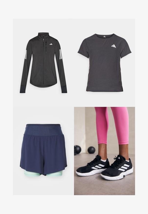 Čierna športová bunda vyrobená z ľahkého materiálu. Má zips vpredu, vysoký golier a tri biele pruhy na každom rukáve.; Tričko s krátkym rukávom pre šport, tmavosivé s perforovanou textúrou. Obsahuje biele logo a kontrastné bočné pruhy. Okrúhly výstrih.; HOKA SKYGLIDE - Šortky 2 v 1 - outer space; Čierne atletické topánky s bielymi pruhmi, textúrovaný sieťovaný zvršok a biela podrážka. Nosené s ružovými legínami, ukazujúce tréningové oblečenie.