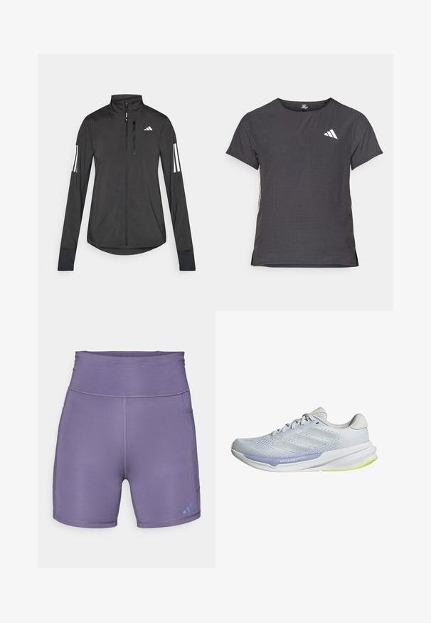 Černá atletická bunda vyrobená z lehkého materiálu. Má přední zip, vysoký límec a tři bílé pruhy na každém rukávu.; Kraťasový sportovní tričko, tmavě šedé barvy s perforovanou texturou. Obsahuje bílé logo a kontrastní boční pruhy. Kulatý výstřih.; Fialové sportovní šortky s vysokým páskem, hladkým povrchem a kontrastním modrým logem na dolním levém okraji. Obsahují ploché švy.; Bílé sportovní boty s prodyšným síťovaným svrškem, texturovaným designem a levandulovým akcentem. Mají polstrovanou podrážku s detaily v zelené barvě na podrážce.