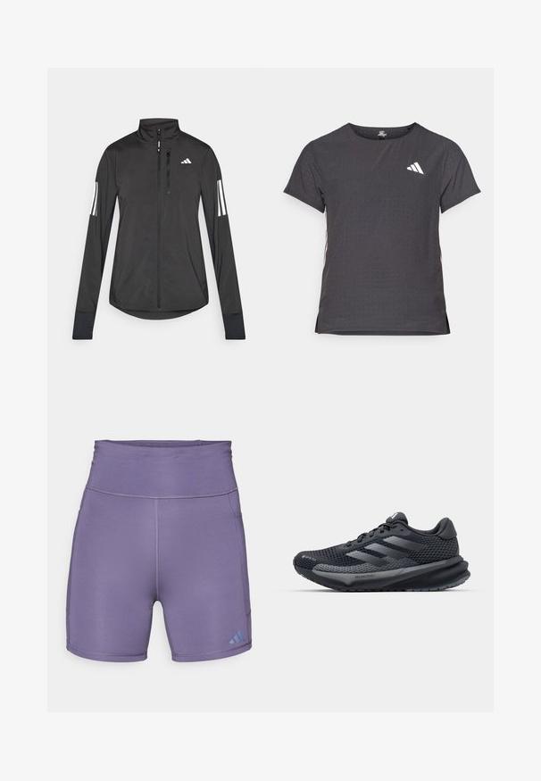 Schwarze Sportjacke aus leichtem Material. Mit einem Frontreißverschluss, hohem Kragen und drei weißen Streifen an jedem Ärmel.; Kurze Ärmel Sport-T-Shirt, dunkelgrau mit durchbrochener Textur. Enthält ein weißes Logo und kontrastierende Seitenstreifen. Runder Ausschnitt.; Lila Sportshorts mit hohem Bund, glatter Textur und kontrastierendem blauen Logo auf der unteren linken Seite. Verfügt über Flachnähte.; Schwarzer Sportschuh mit einem strukturierten Mesh-Obermaterial, reflektierenden Akzenten, gepolsteter Sohle und einem schlanken Design. Enthält ein Logo mit drei Streifen.