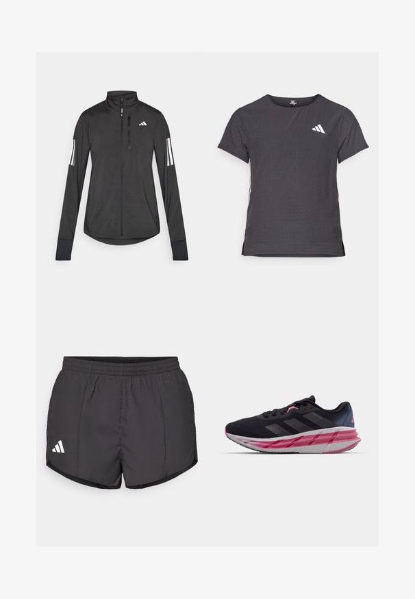 Musta urheilutakki, joka on valmistettu kevyestä materiaalista. Ominaisuuksiin kuuluu etuvetoketju, korkea kaulus ja kolme valkoista raitaa joka hihassa.; Lyhythihainen urheilupaita, tummanharmaa, jossa on reikäkudot. Ominaisuuksina valkoinen logo ja kontrastiväriset sivusuunnat. Pyöreä pääntie.; Mustat urheilushortsit kevyestä kankaasta, joissa on joustava vyötärö ja valkoinen Adidas-logo vasemmassa alakulmassa.; Musta urheilujalkine, jossa on teksturoitu verkko-osa, vaaleanpunaisia yksityiskohtia ja harmaa välikerros, jossa on kerrostettu rakenne pehmusteelle.